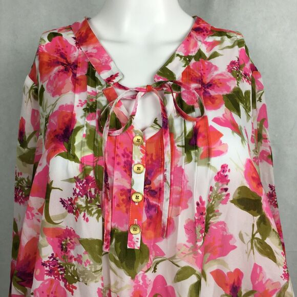 Jones New York‎ Shirt Womens Sz L Pink Floral Chiffon Long Sleeve Tunic Top - Picture 2 of 8
